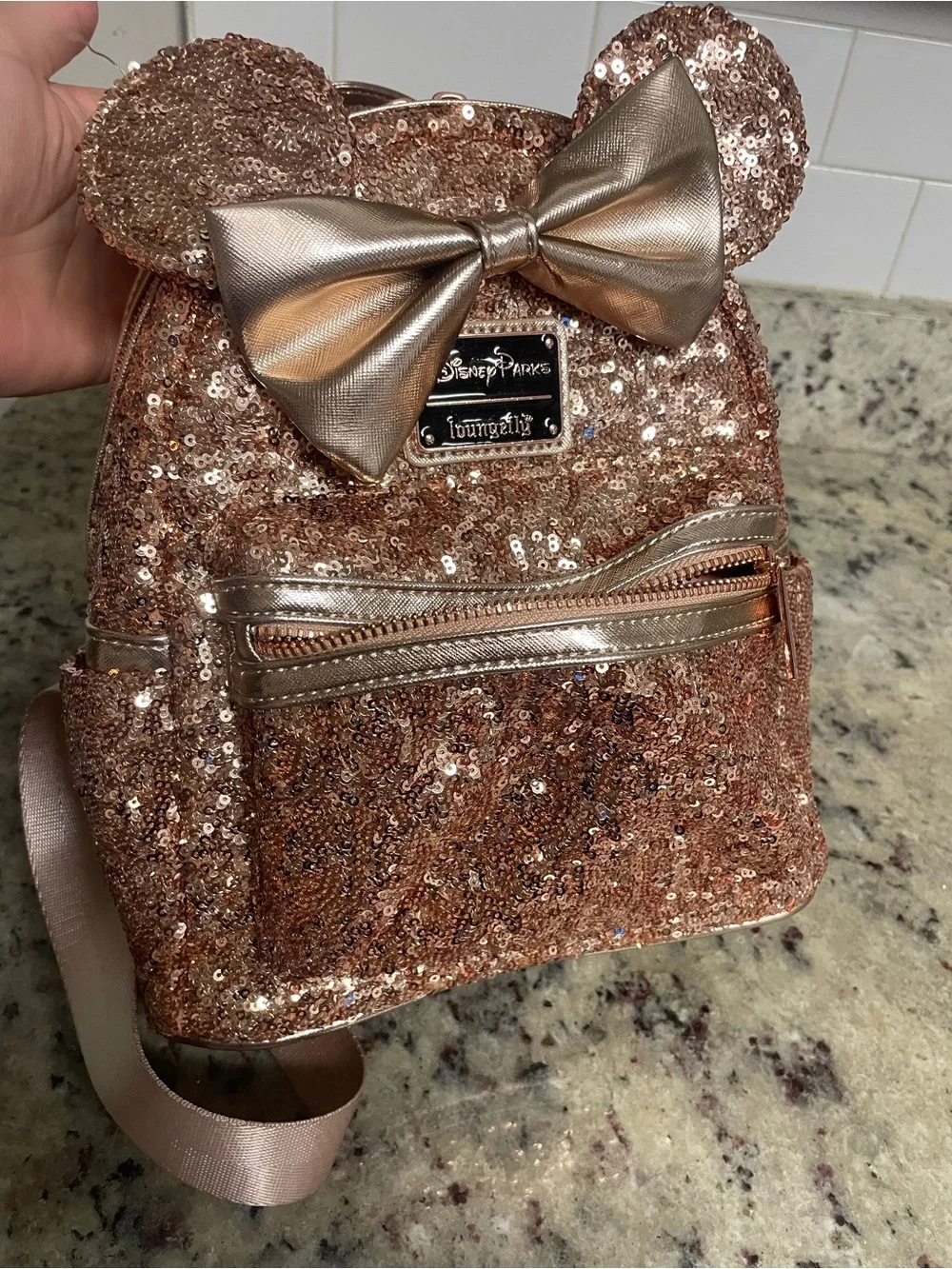Disney Parks Loungefly Rose Gold Sequined Minnie Mouse Mini Backpack collectible